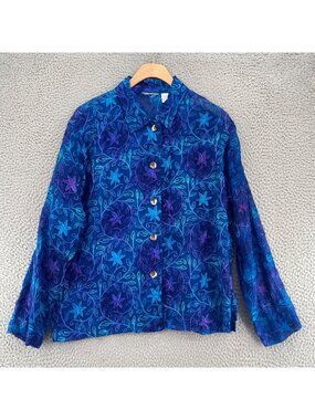 Chicos Shirt Womens 1 US Medium Blue Silk Button Up Top Floral Embroidery Sheer*